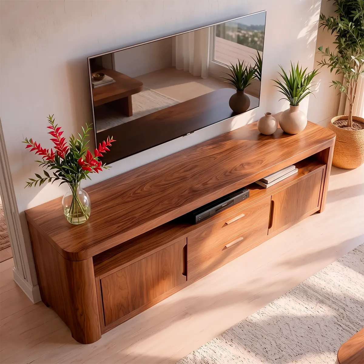 Modern TV Stand with 2 Cabinets, 2 Drawers & Open Media Shelf | Low Profile Entertainment Console TT006-8OIW7WL