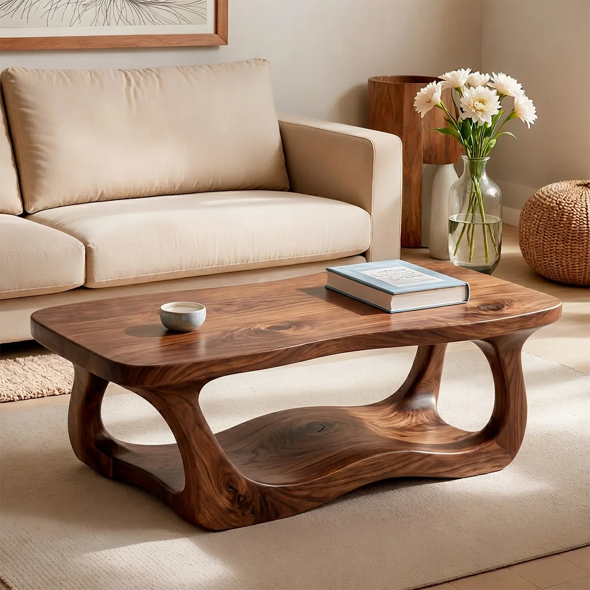 Handcrafted Solid Wood Coffee Table with Sculptural Wave Shelf TT006-8083