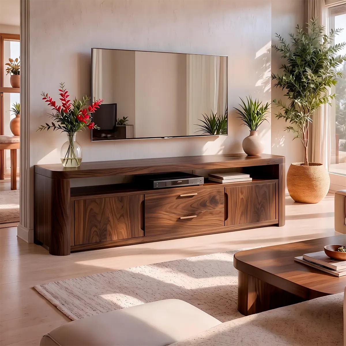 Modern TV Stand with 2 Cabinets, 2 Drawers & Open Media Shelf | Low Profile Entertainment Console TT006-8OIW7WL