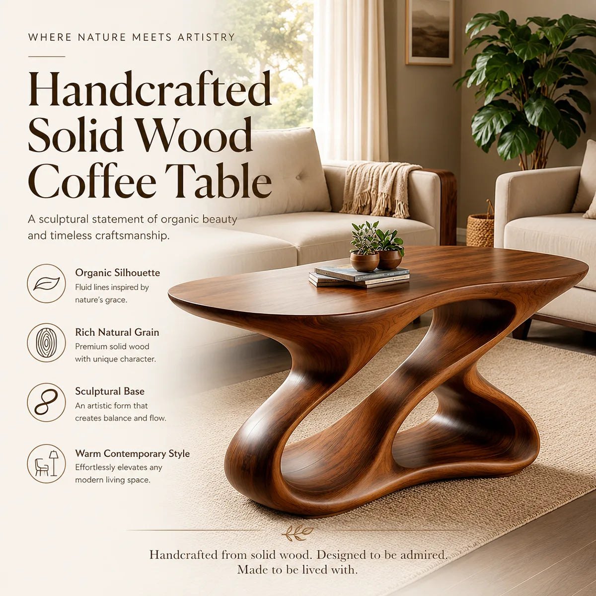 Sculptural Solid Wood Coffee Table with Organic Loop Base TT006-5526