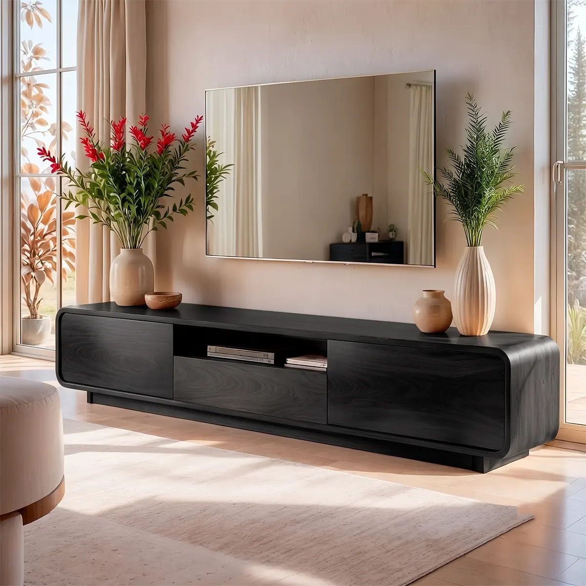 Modern TV Stand with 2 Cabinets, Center Drawer & Open Media Shelf TT006-3RRG9UV