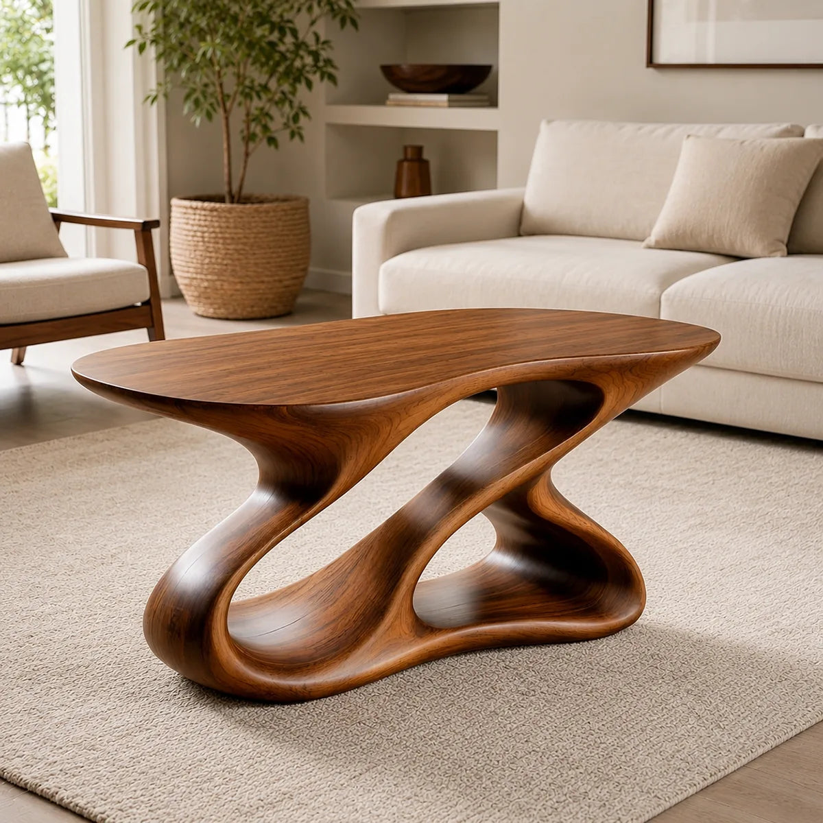 Sculptural Solid Wood Coffee Table with Organic Loop Base TT006-5526