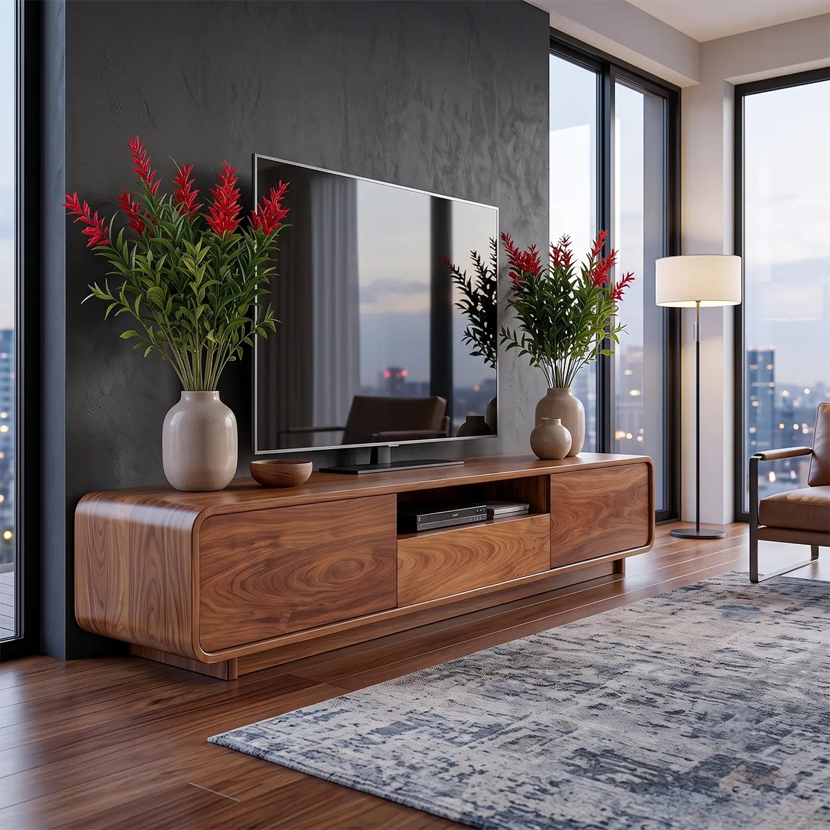 Modern TV Stand with 2 Cabinets, Center Drawer & Open Media Shelf TT006-3RRG9UV