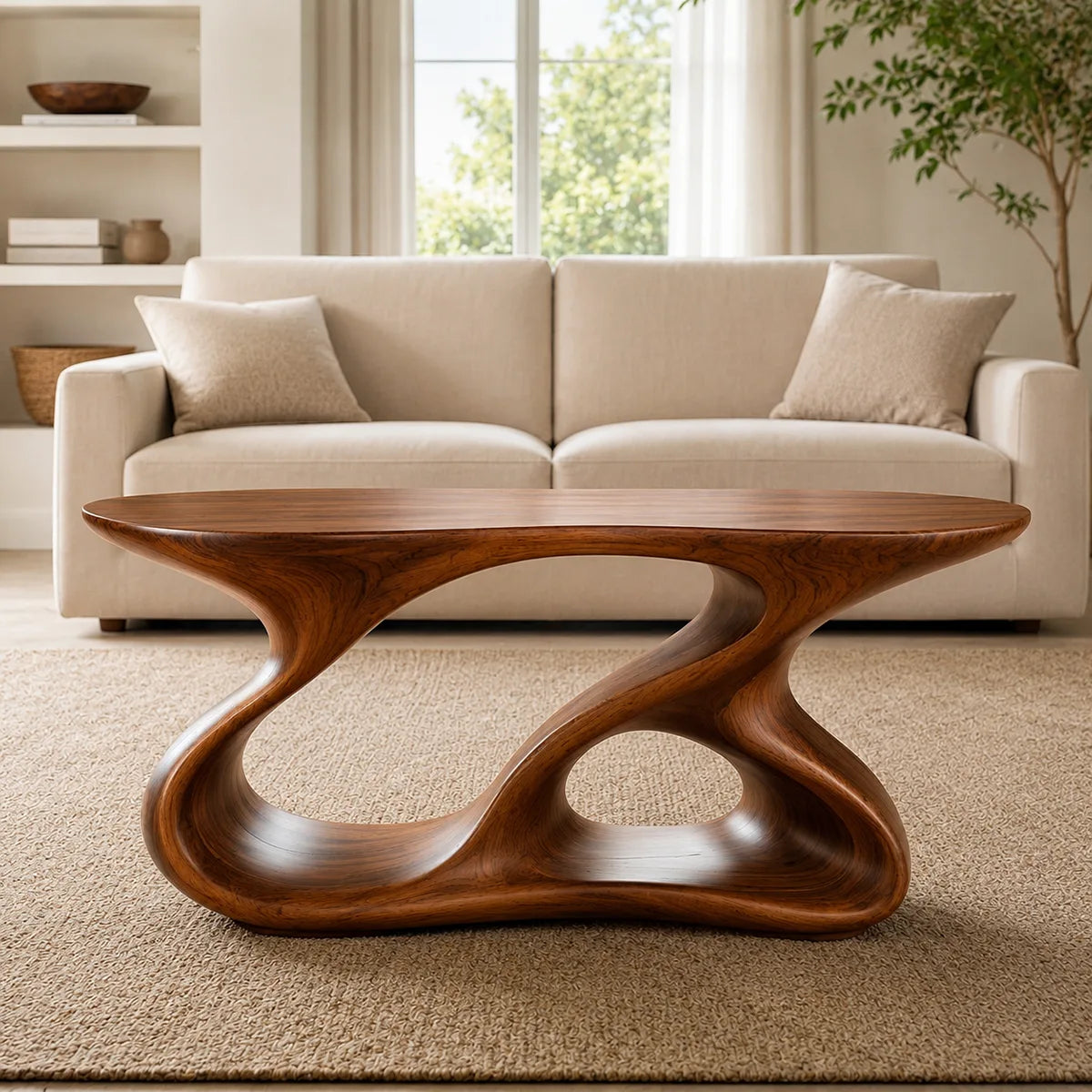 Sculptural Solid Wood Coffee Table with Organic Loop Base TT006-5526