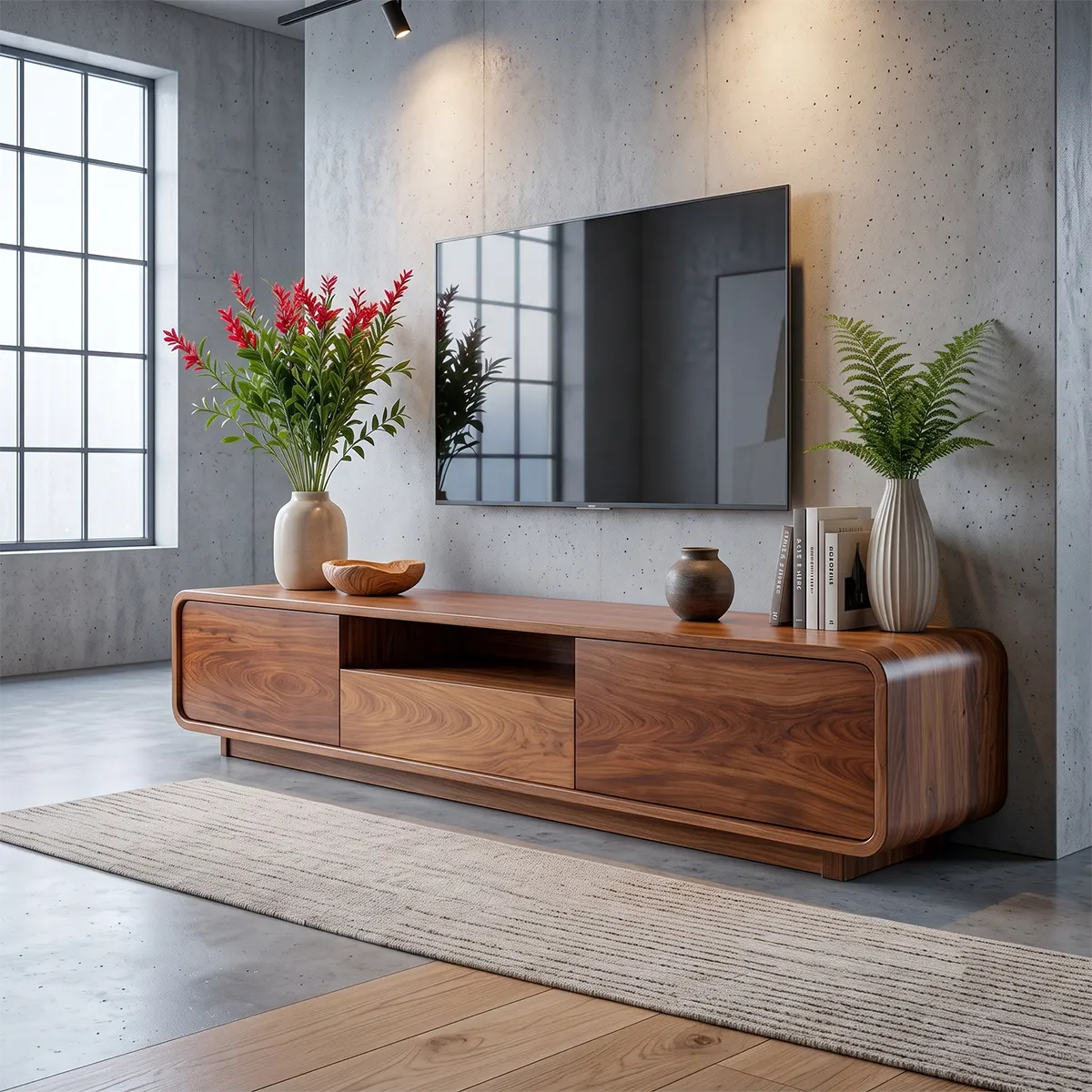 Modern TV Stand with 2 Cabinets, Center Drawer & Open Media Shelf TT006-3RRG9UV