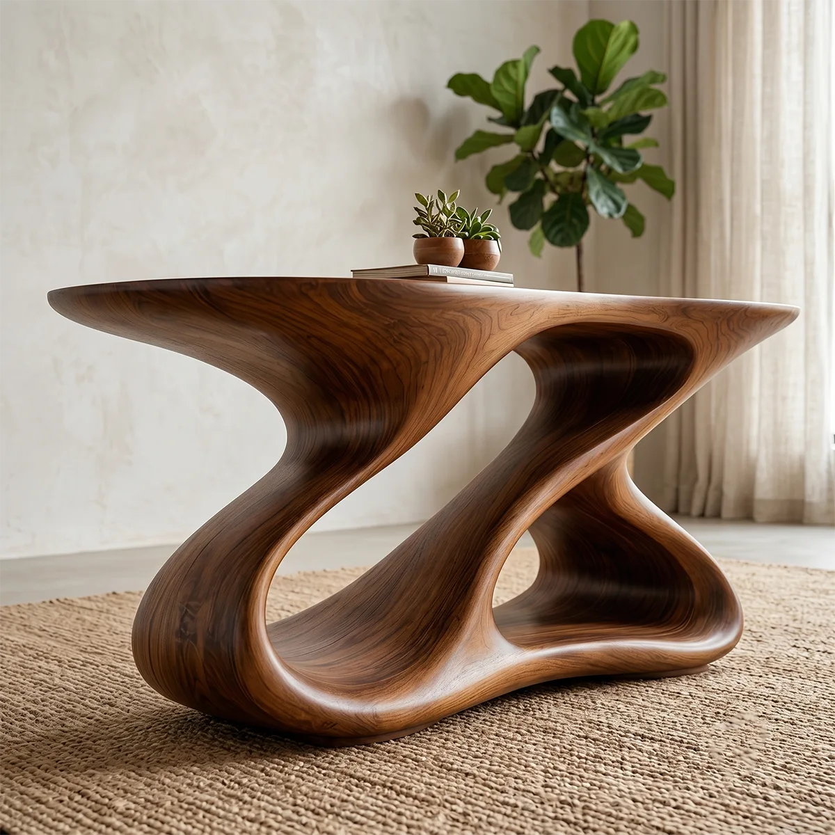 Sculptural Solid Wood Coffee Table with Organic Loop Base TT006-5526