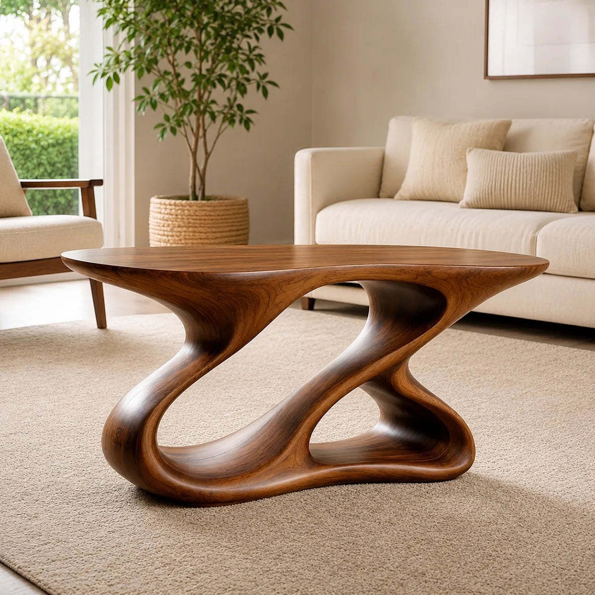 Sculptural Solid Wood Coffee Table with Organic Loop Base TT006-5526
