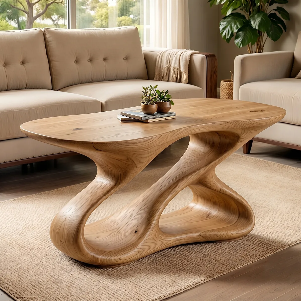 Sculptural Solid Wood Coffee Table with Organic Loop Base TT006-5526