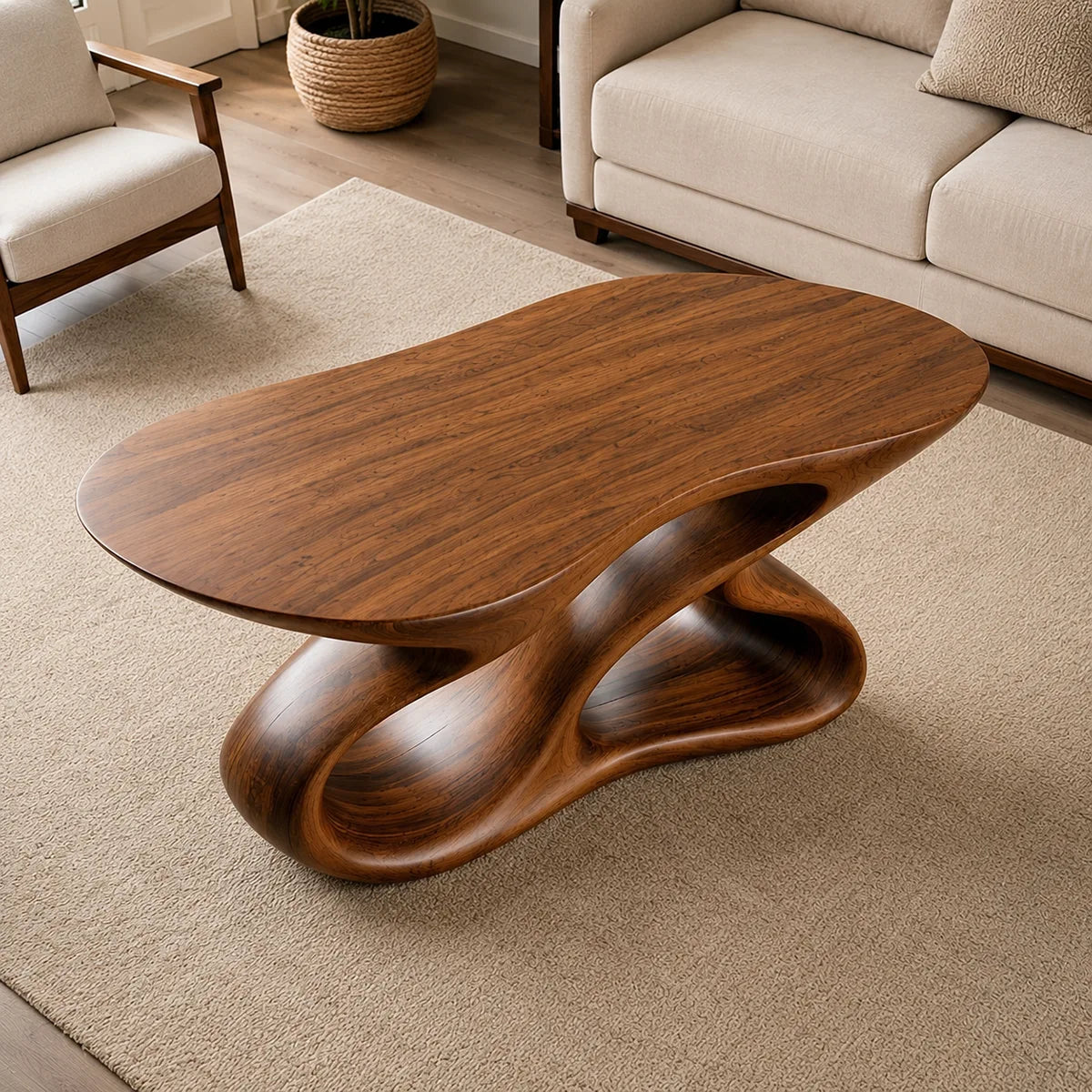 Sculptural Solid Wood Coffee Table with Organic Loop Base TT006-5526