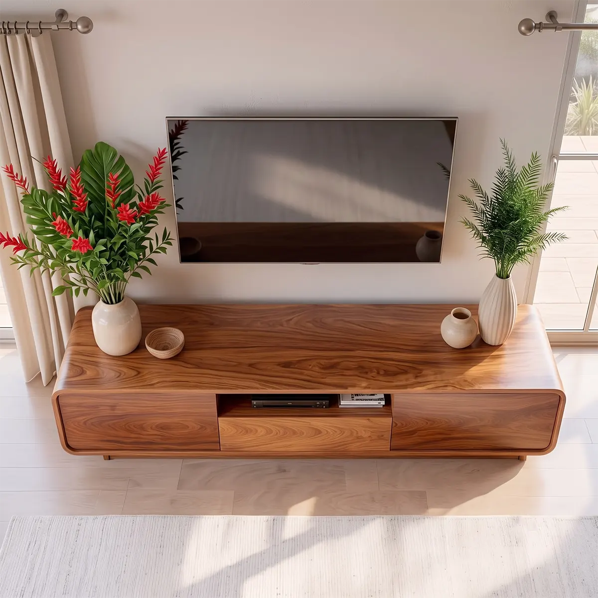 Modern TV Stand with 2 Cabinets, Center Drawer & Open Media Shelf TT006-3RRG9UV