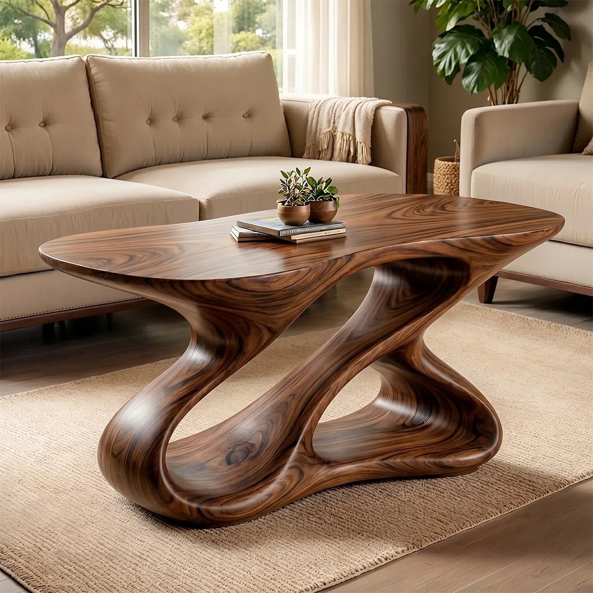 Sculptural Solid Wood Coffee Table with Organic Loop Base TT006-5526