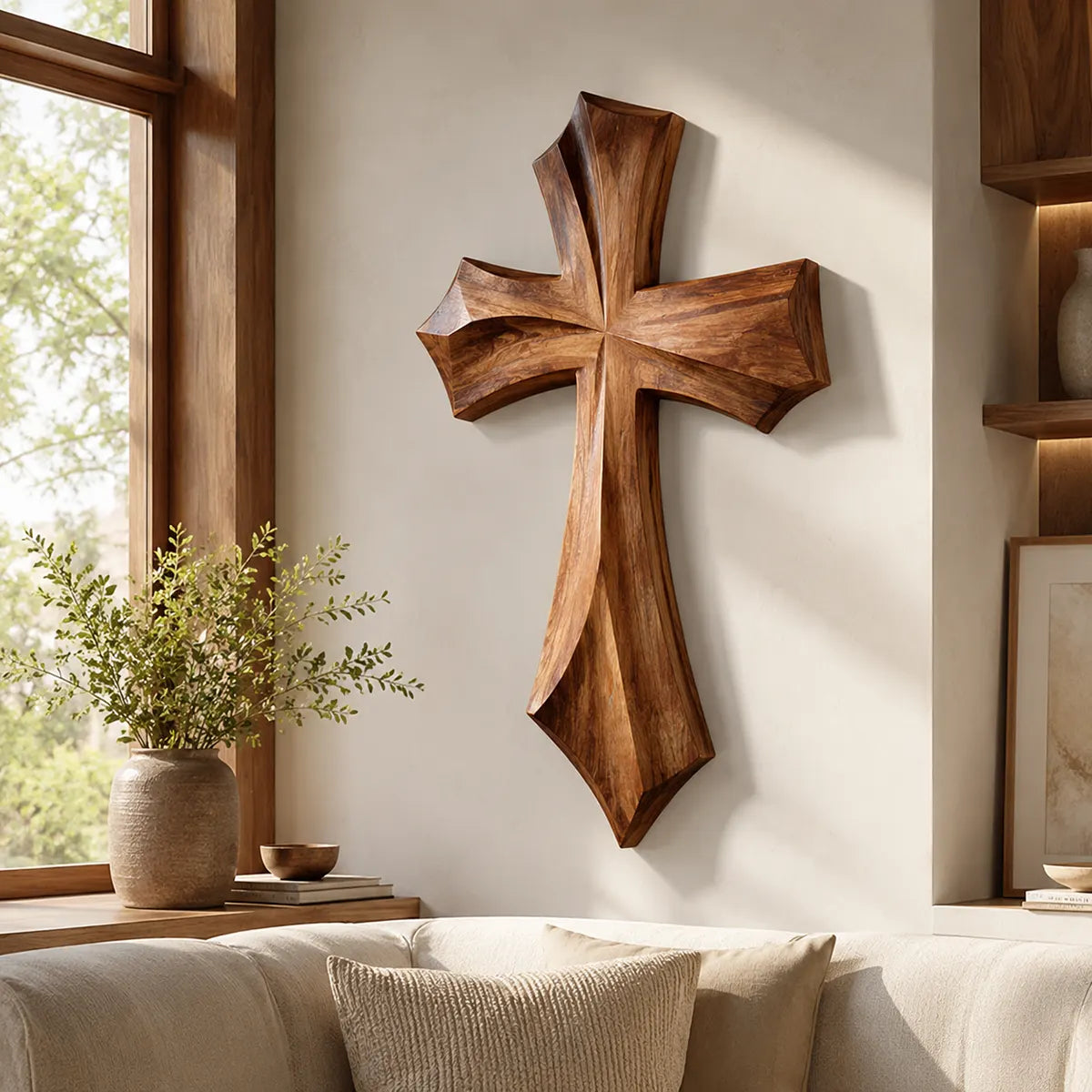 Wooden Cross Wall Art | Hand-Carved Christian Cross Wall Decor for Living Room, Prayer Room & Farmhouse Home TT006-4833