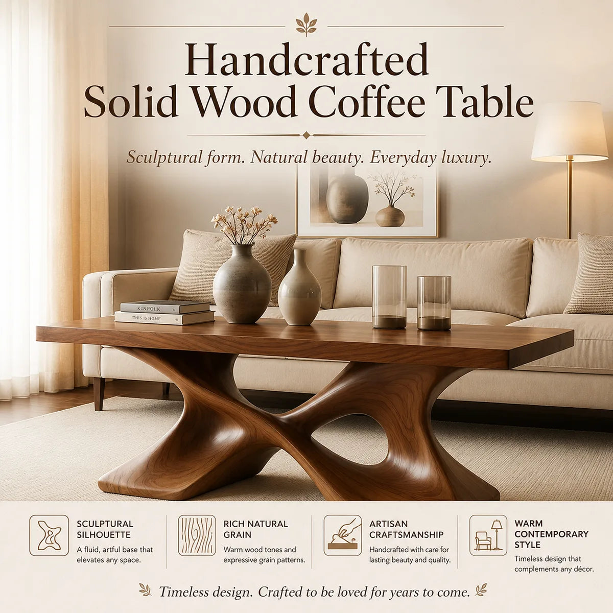 Handcrafted Solid Wood Coffee Table with Sculptural X-Base TT006-4305