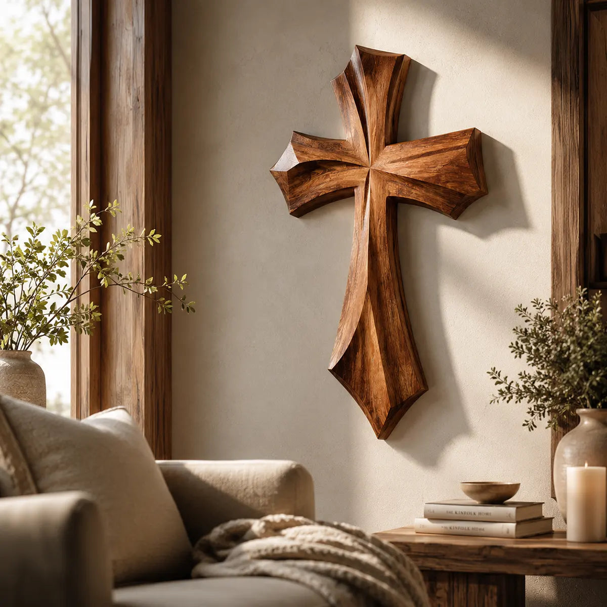 Wooden Cross Wall Art | Hand-Carved Christian Cross Wall Decor for Living Room, Prayer Room & Farmhouse Home TT006-4833