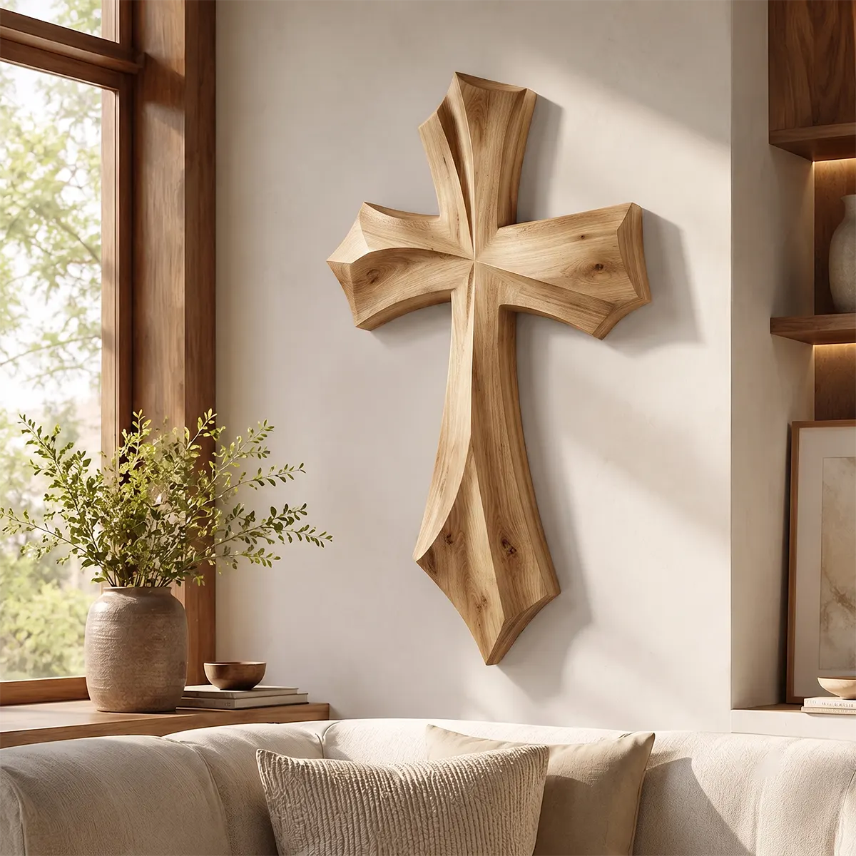 Wooden Cross Wall Art | Hand-Carved Christian Cross Wall Decor for Living Room, Prayer Room & Farmhouse Home TT006-4833
