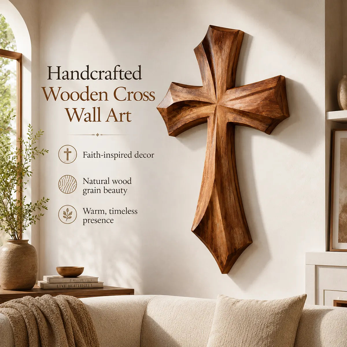 Wooden Cross Wall Art | Hand-Carved Christian Cross Wall Decor for Living Room, Prayer Room & Farmhouse Home TT006-4833