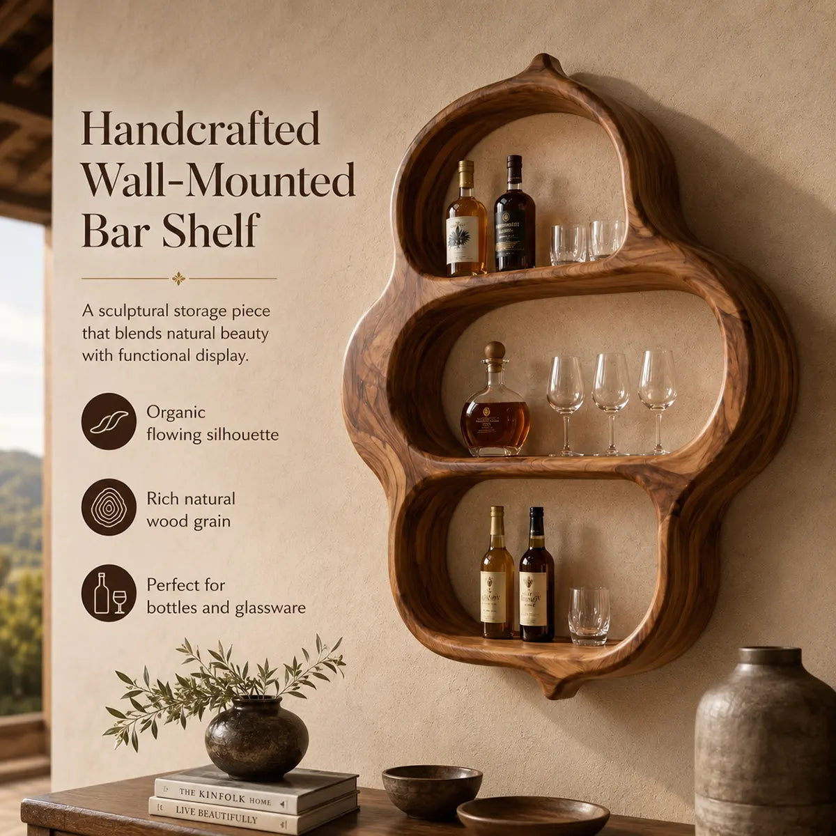 Organic Solid Wood Wall Wine Holder for Home Bars & Whiskey Lovers TT006-2134