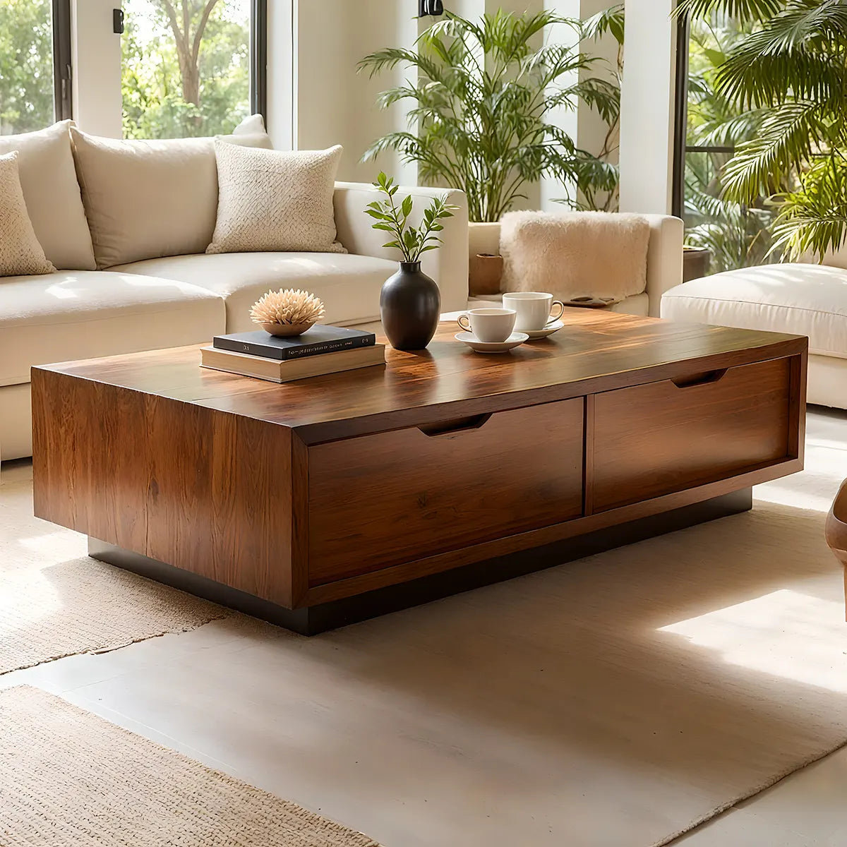 Modern Solid Wood Coffee Table with Large Dual Storage Drawers