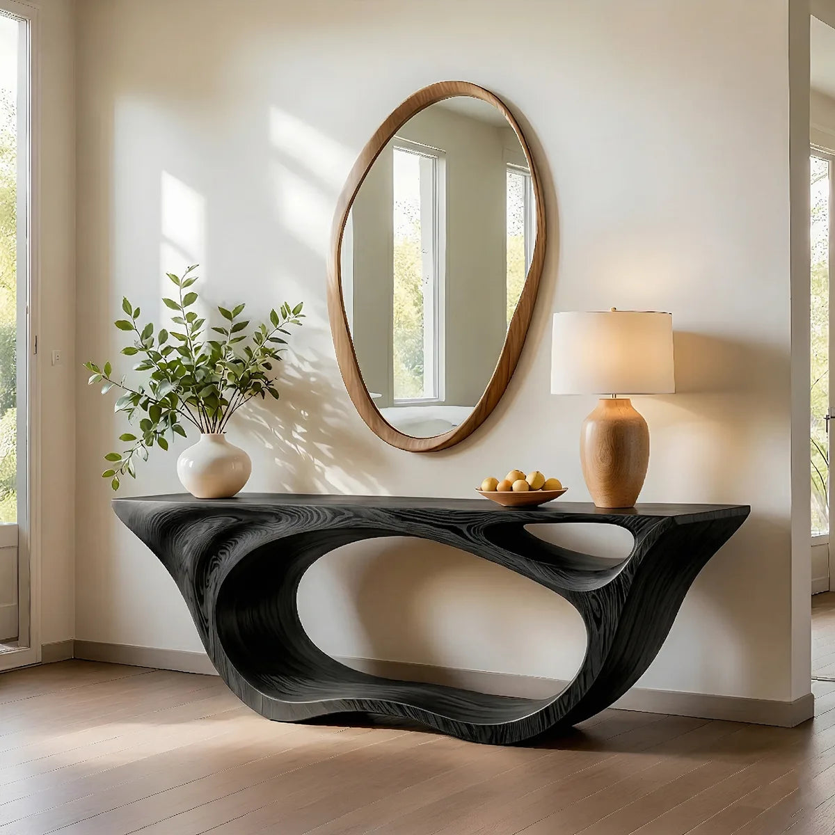 Sculptural Solid Wood Console Table with Organic Openwork Base