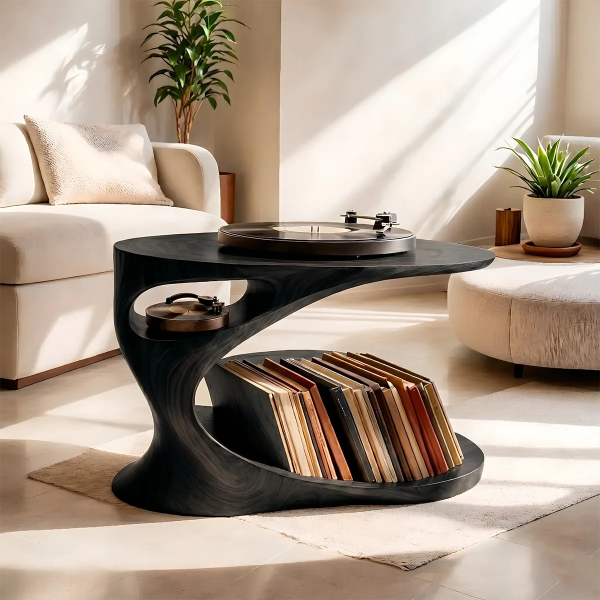 Elegant Solid Wood Record Player Stand with Curved Vinyl Storage