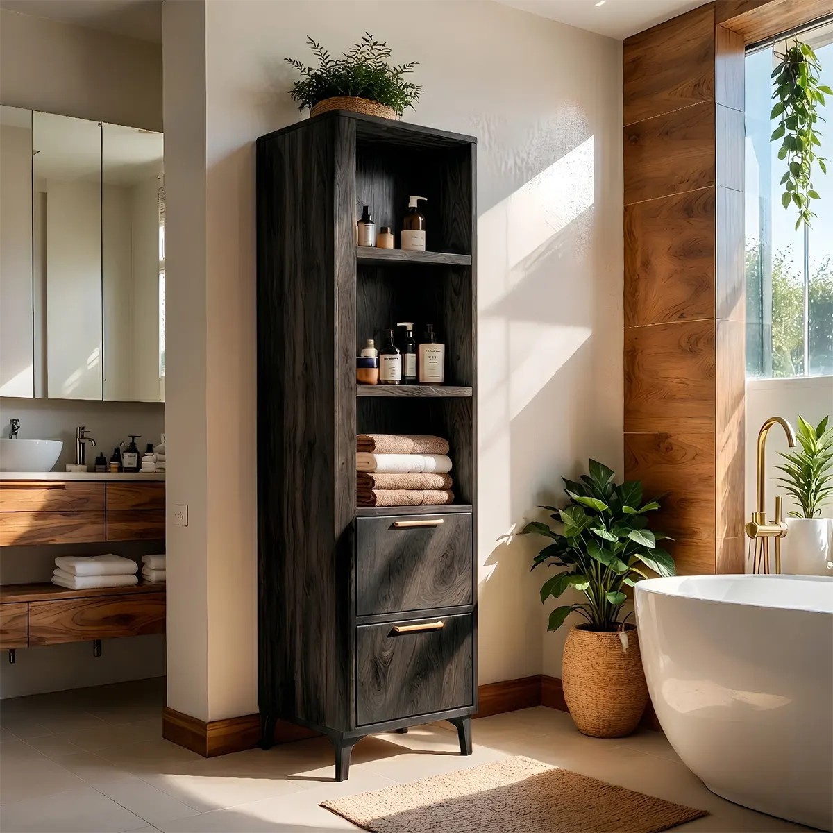Tall Solid Wood Bathroom Storage Cabinet with Shelves