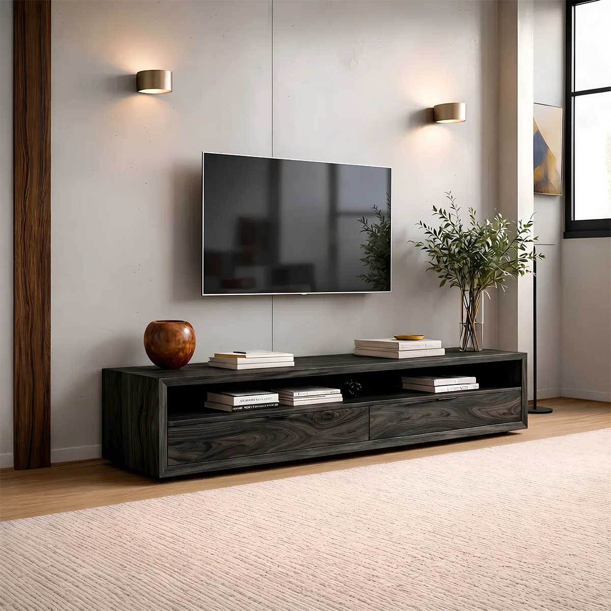 Modern Solid Wood Low Profile TV Stand with Open Shelving