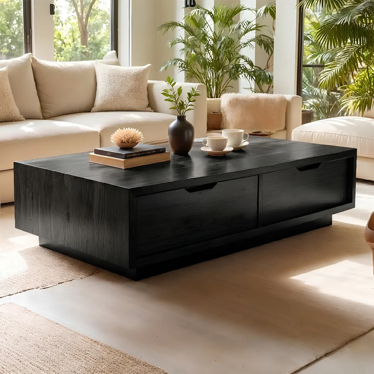 Modern Solid Wood Coffee Table with Large Dual Storage Drawers