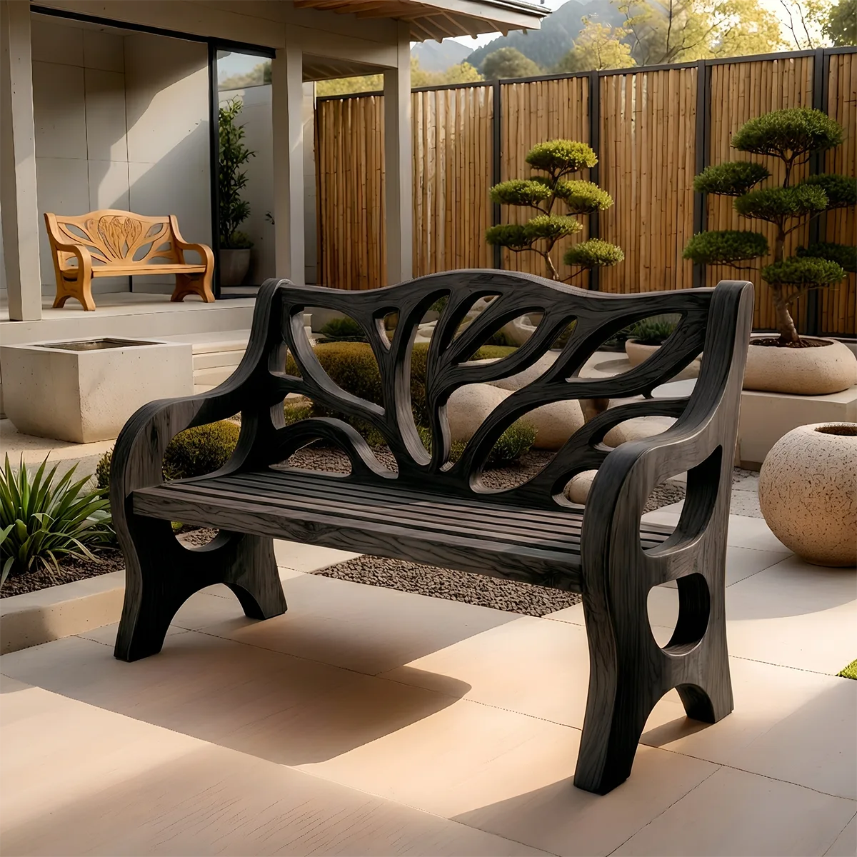 Handcrafted Solid Wood Outdoor Garden Bench Organic Branch Backrest