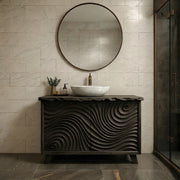 Solid Wood Bathroom Vanity with Carved Wave Doors and Live Edge Top