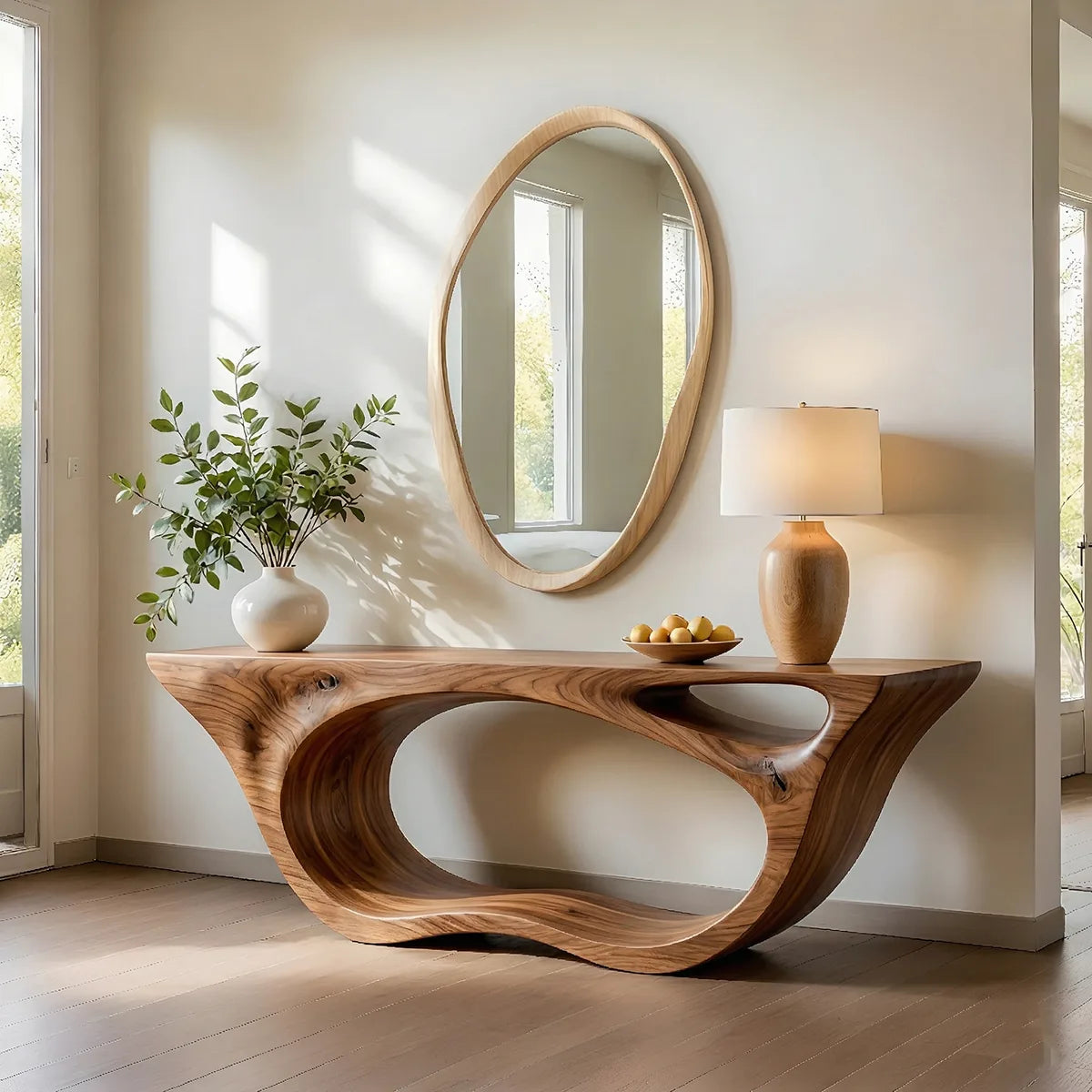 Sculptural Solid Wood Console Table with Organic Openwork Base