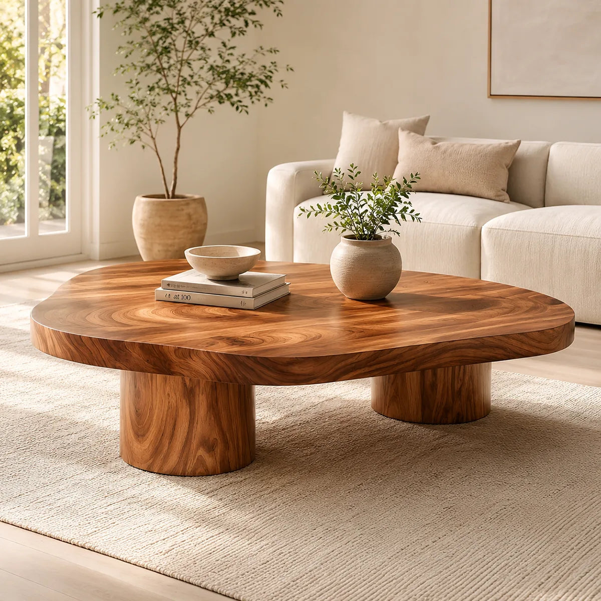 Organic Solid Wood Coffee Table | Freeform Hardwood Coffee Table with Dual Pedestal Base TT006-4716