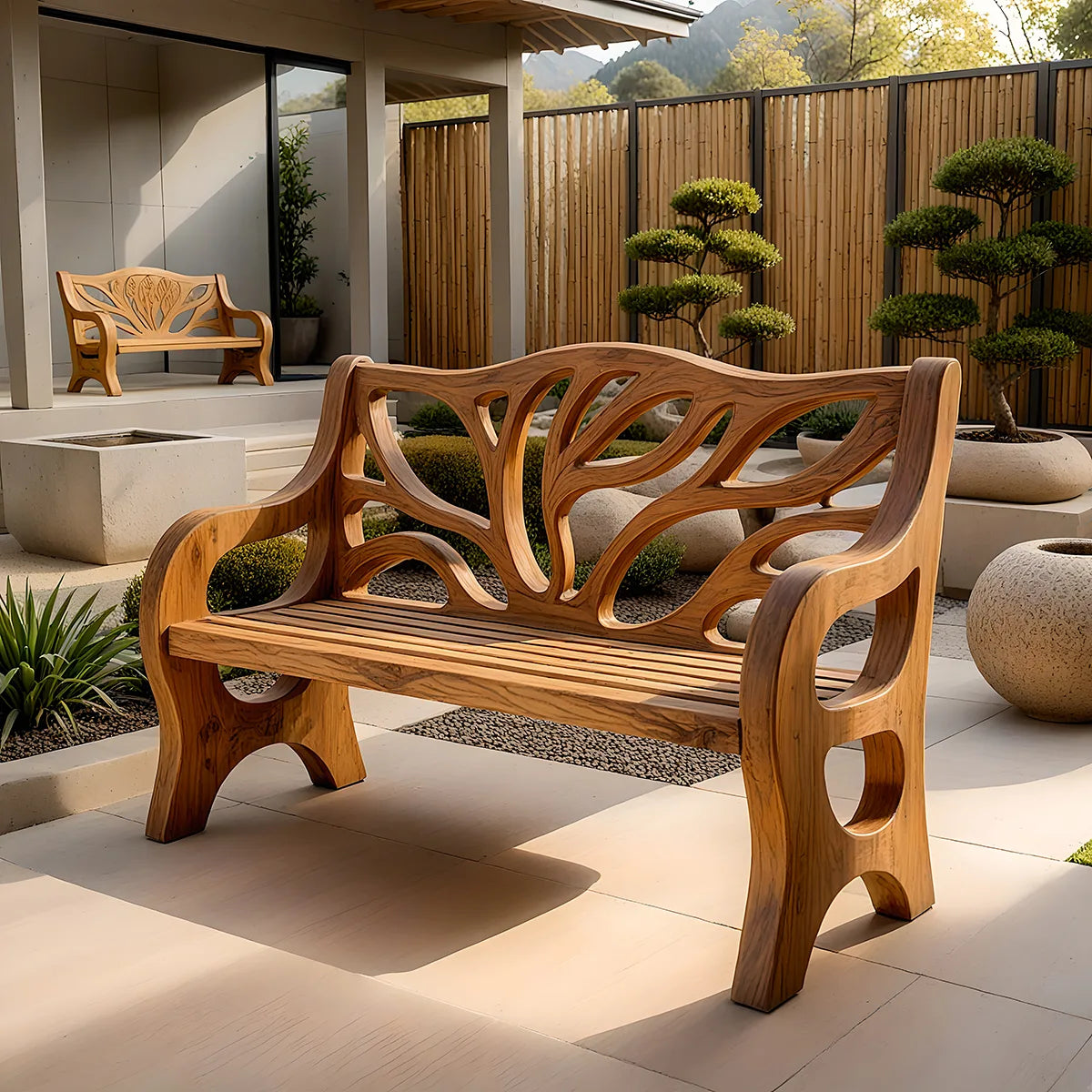 Handcrafted Solid Wood Outdoor Garden Bench Organic Branch Backrest