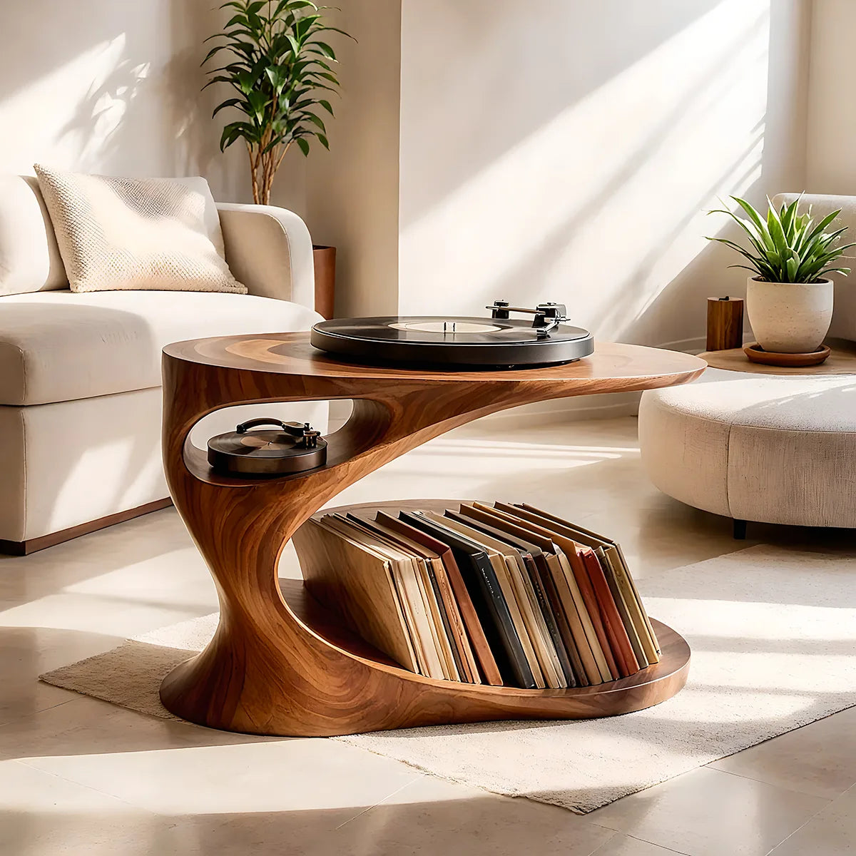 Elegant Solid Wood Record Player Stand with Curved Vinyl Storage