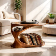 Elegant Solid Wood Record Player Stand with Curved Vinyl Storage