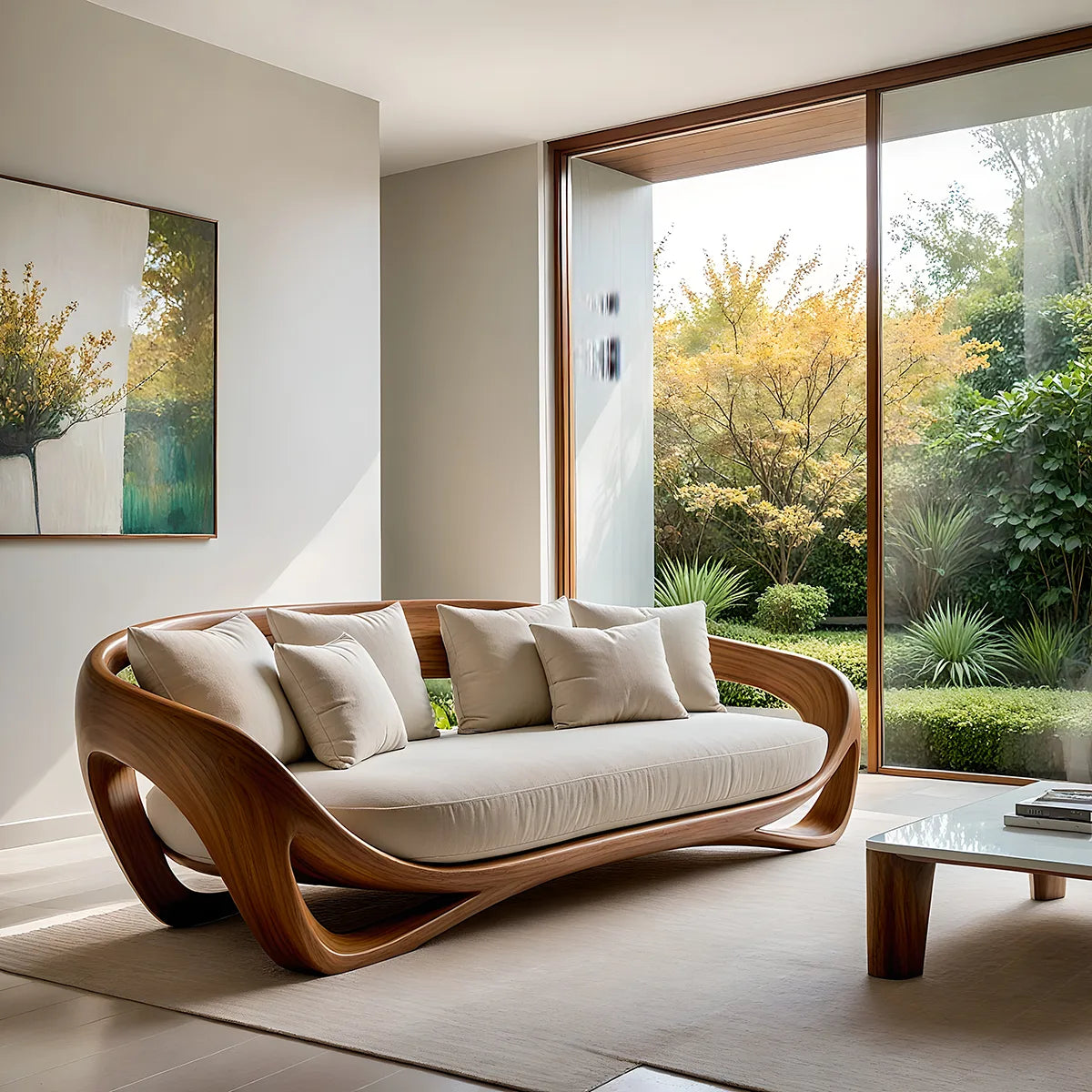 Luxury Organic Modern Curved Solid Wood Sofa with Sculptural Frame
