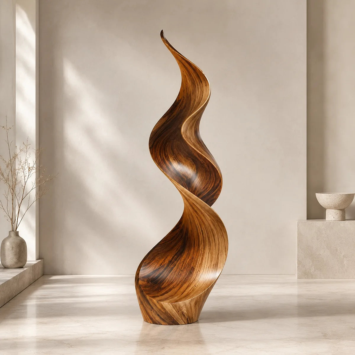 Handcrafted Solid Wood Flame Sculpture – Modern Organic Floor Art for Living Room TT006-7224