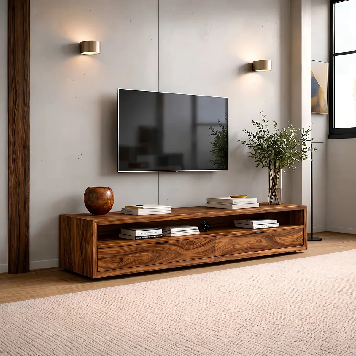 Modern Solid Wood Low Profile TV Stand with Open Shelving