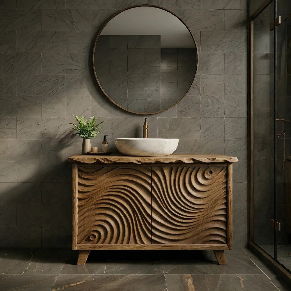 Solid Wood Bathroom Vanity with Carved Wave Doors and Live Edge Top