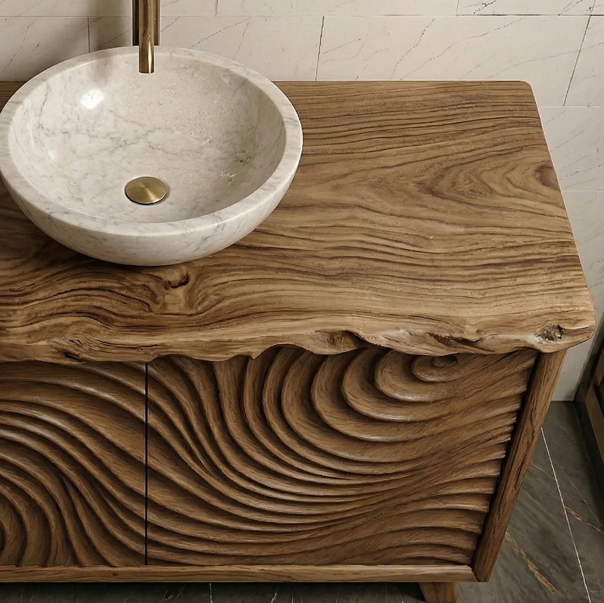 Solid Wood Bathroom Vanity with Carved Wave Doors and Live Edge Top