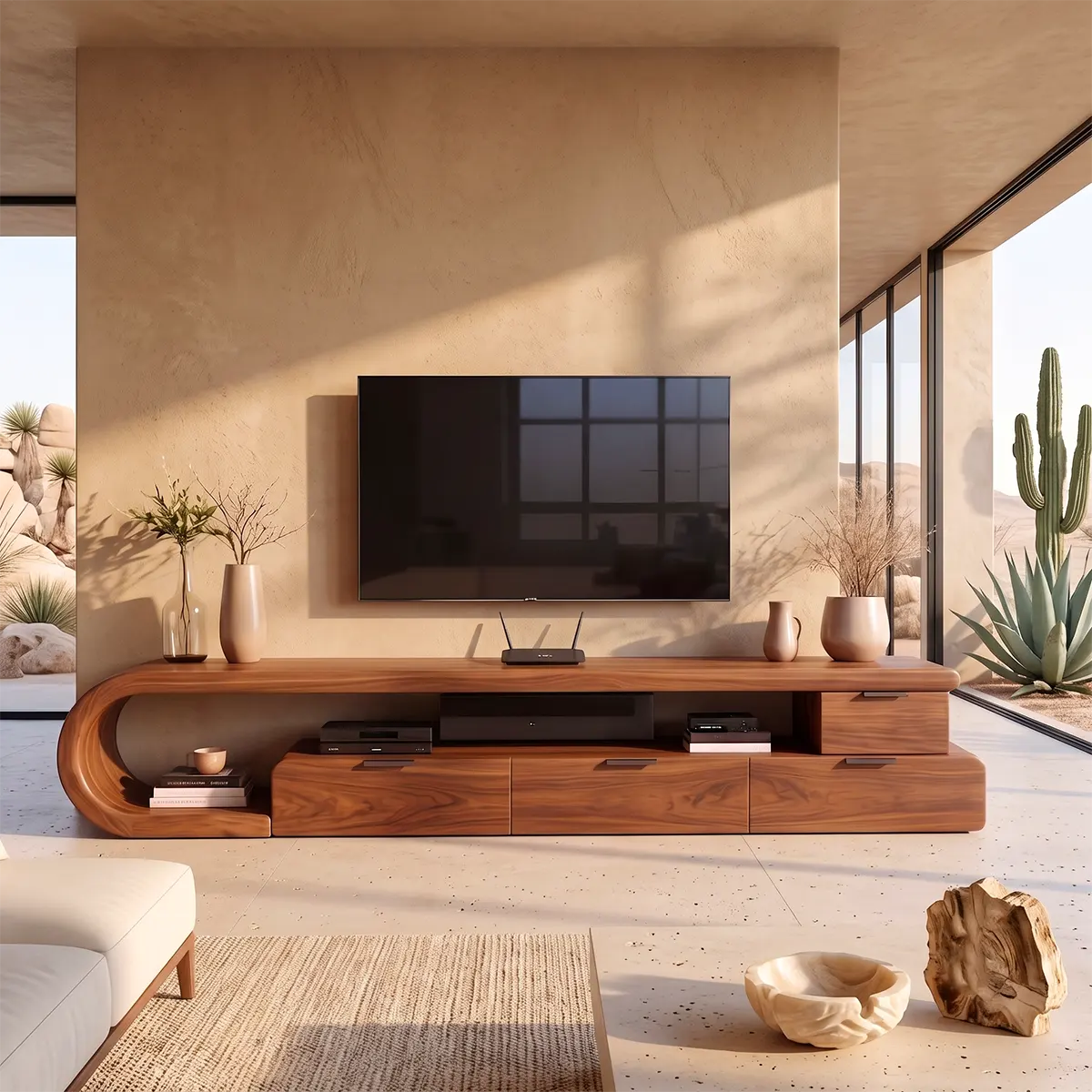 Sculptural Curved TV Stand with 4 Drawers & Open Media Storage | Modern Low Profile Entertainment Console TT006-1HJE1KP