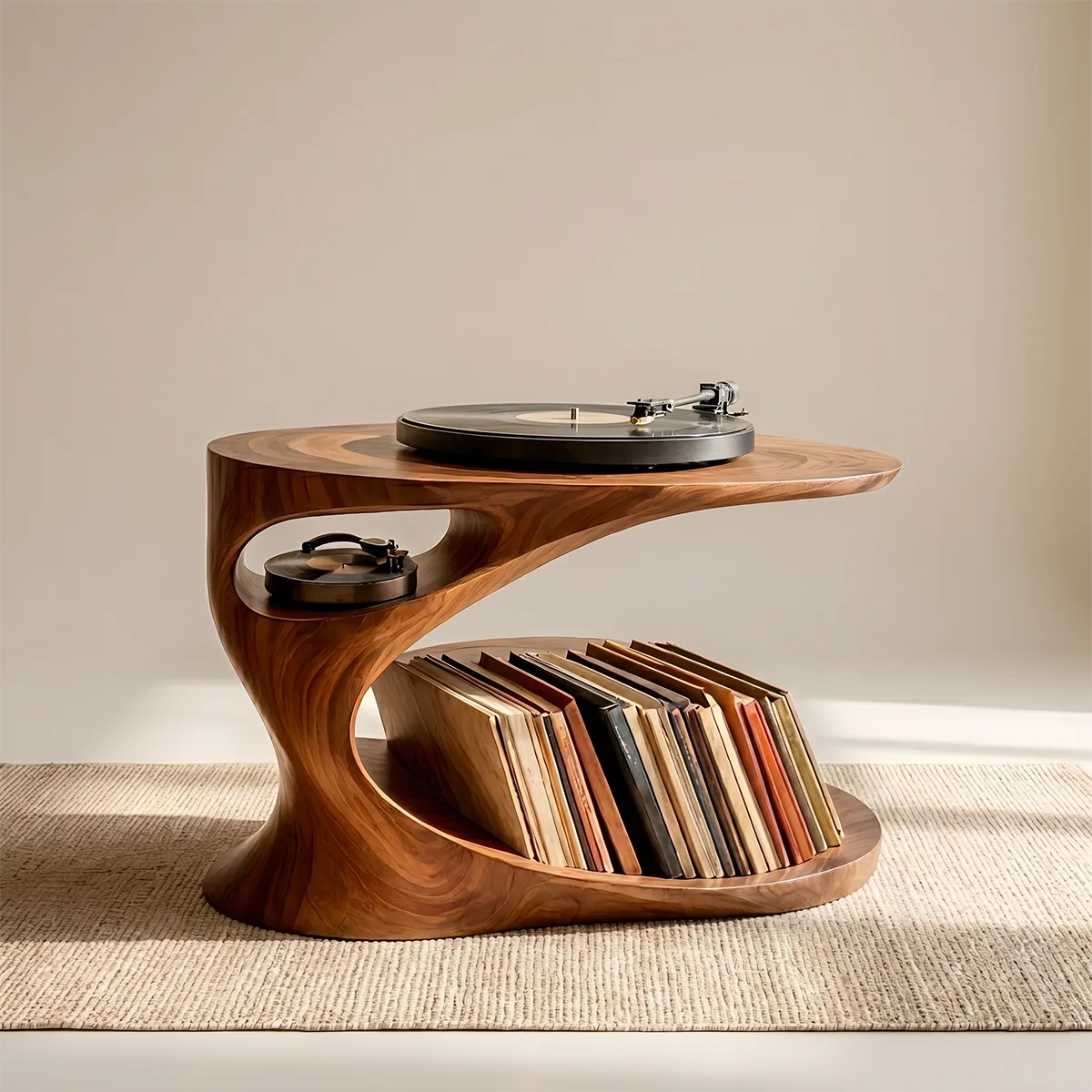 Elegant Solid Wood Record Player Stand with Curved Vinyl Storage