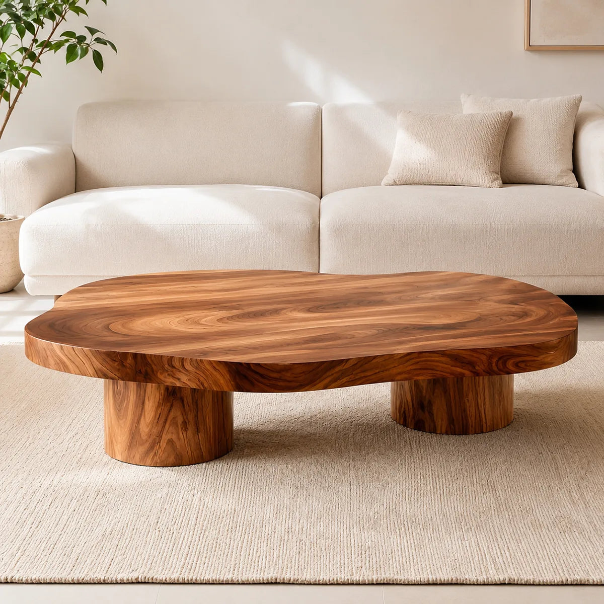 Organic Solid Wood Coffee Table | Freeform Hardwood Coffee Table with Dual Pedestal Base TT006-4716