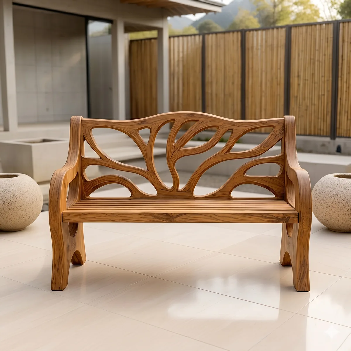 Handcrafted Solid Wood Outdoor Garden Bench Organic Branch Backrest