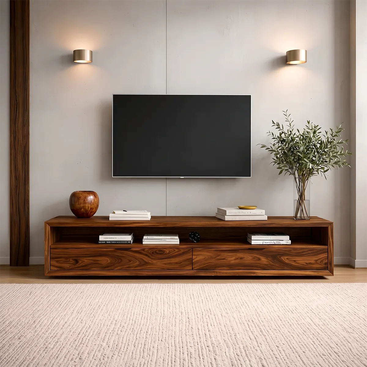 Modern Solid Wood Low Profile TV Stand with Open Shelving
