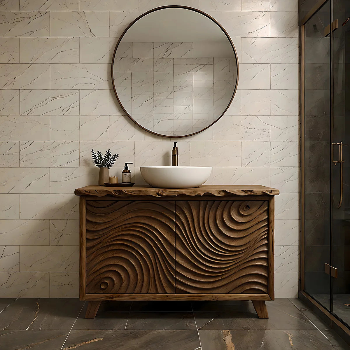 Solid Wood Bathroom Vanity with Carved Wave Doors and Live Edge Top