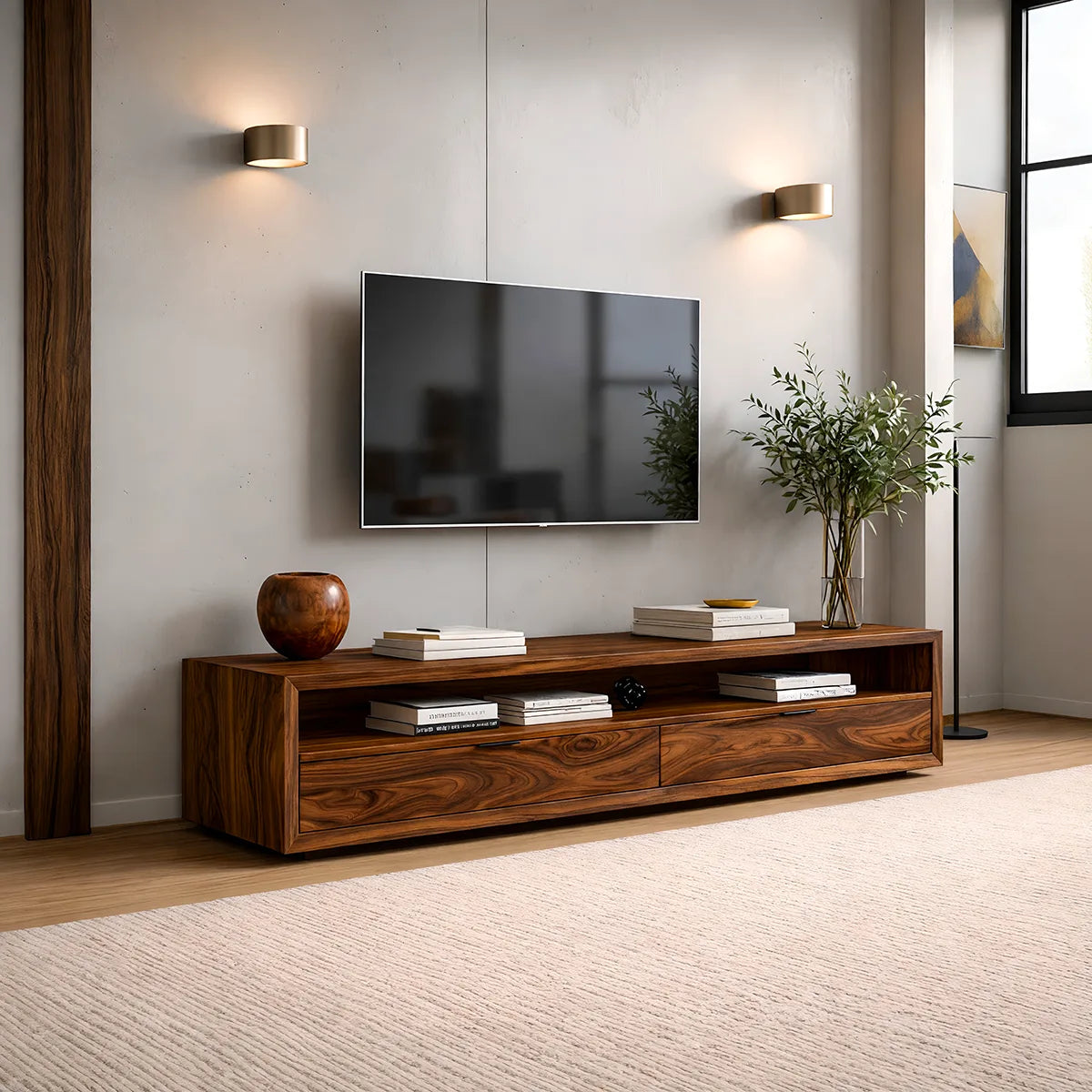 Modern Solid Wood Low Profile TV Stand with Open Shelving