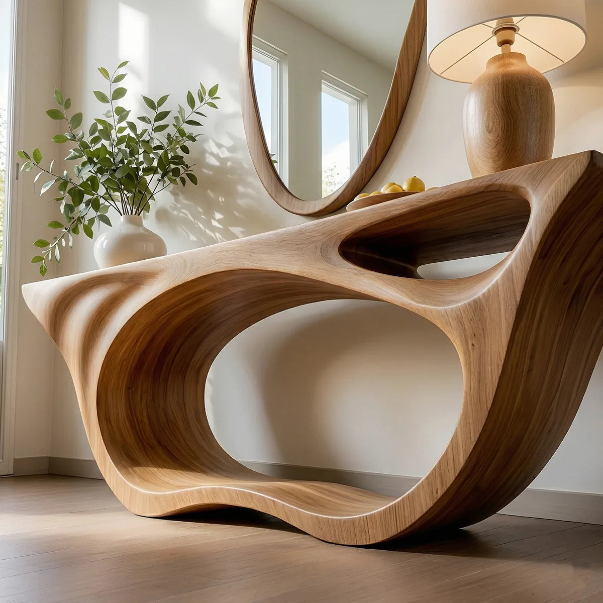 Sculptural Solid Wood Console Table with Organic Openwork Base