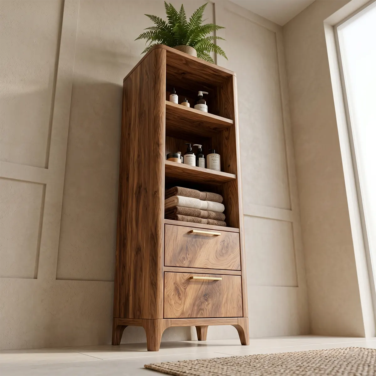 Tall Solid Wood Bathroom Storage Cabinet with Shelves
