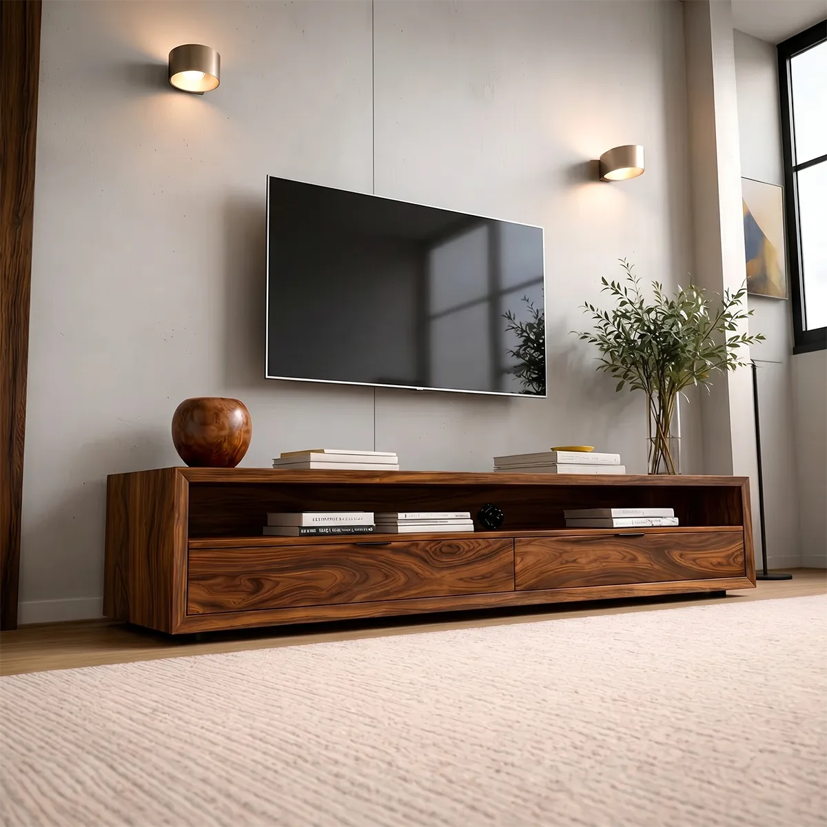 Modern Solid Wood Low Profile TV Stand with Open Shelving