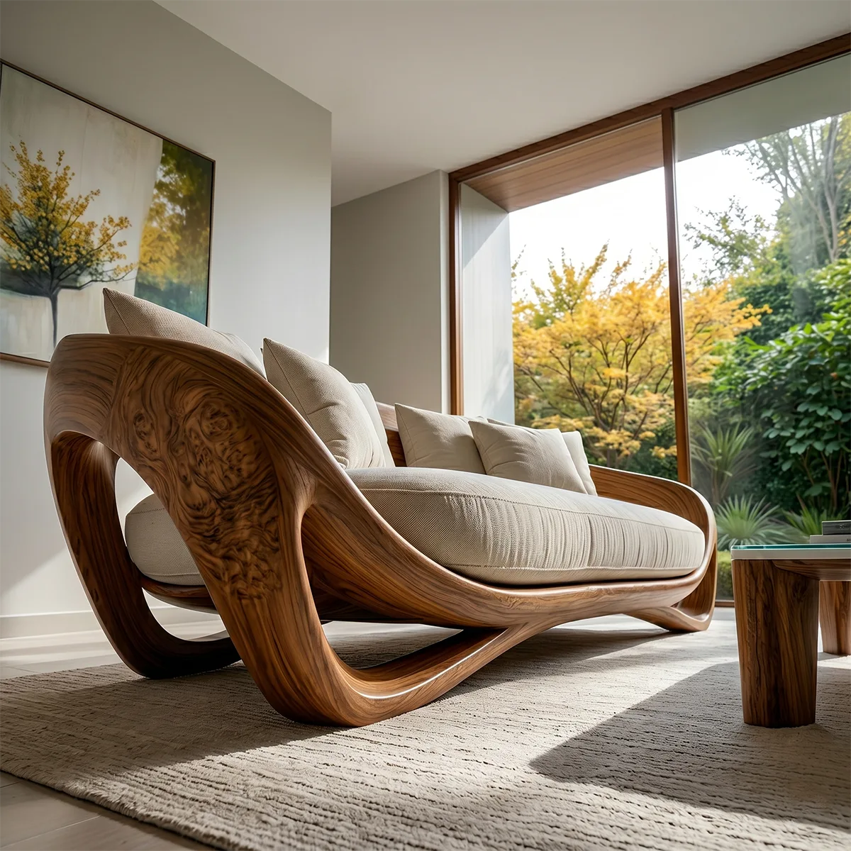 Luxury Organic Modern Curved Solid Wood Sofa with Sculptural Frame